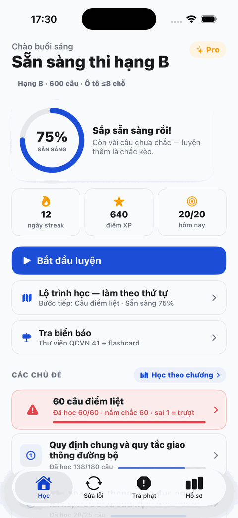 Màn hình chính app Lái Tốt: điểm sẵn sàng thi, streak, lộ trình học và 60 câu điểm liệt