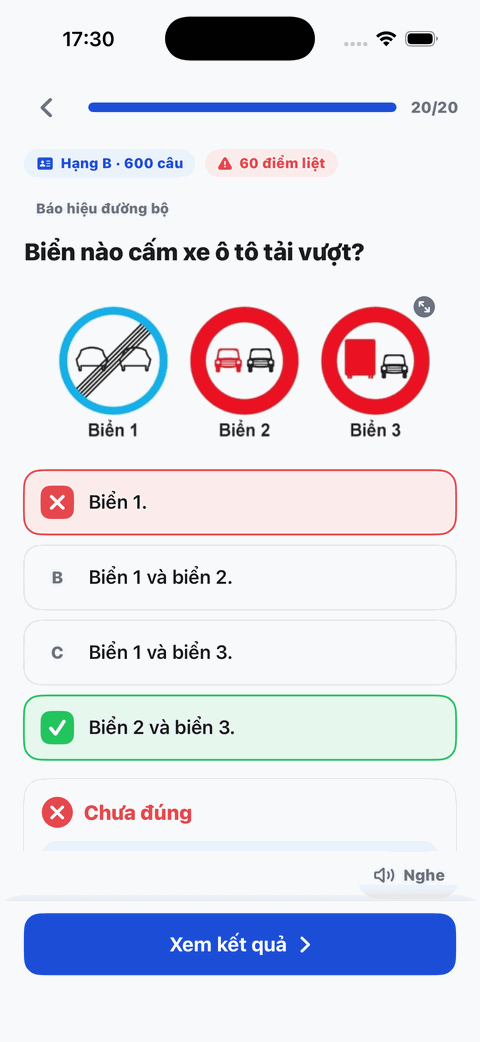 Màn luyện câu hỏi biển báo Lái Tốt