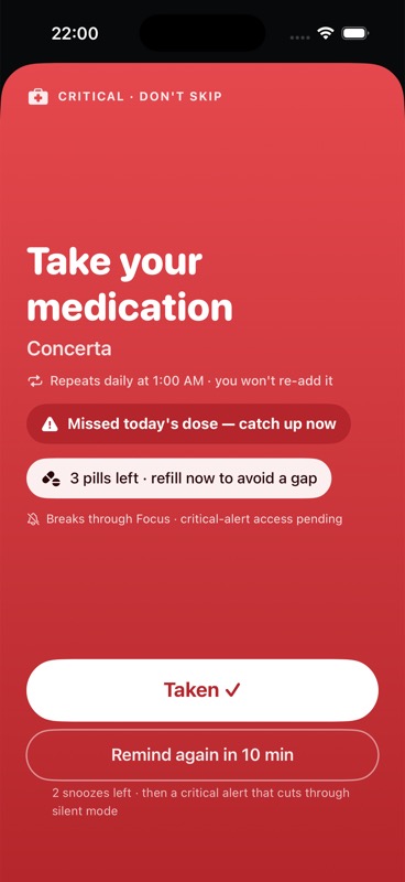 ReSurface Critical medication screen with a refill countdown.