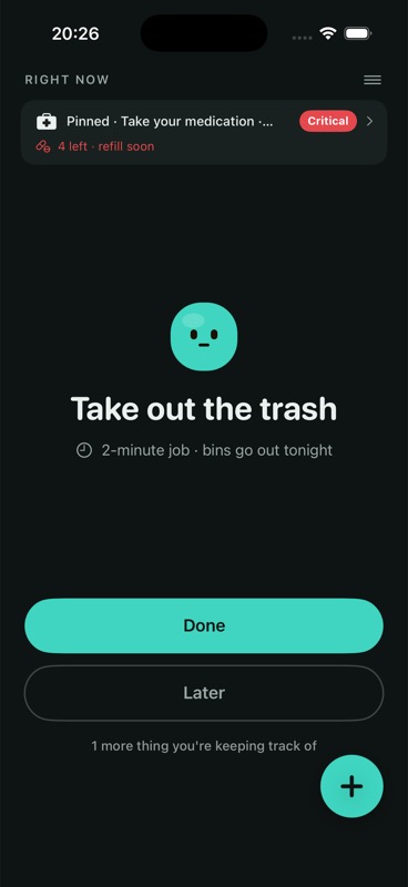 ReSurface Now screen: one thing at a time, with a pinned critical medication reminder.