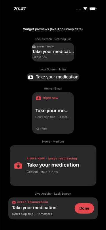 ReSurface across Lock Screen, Home Screen widgets and a Live Activity.